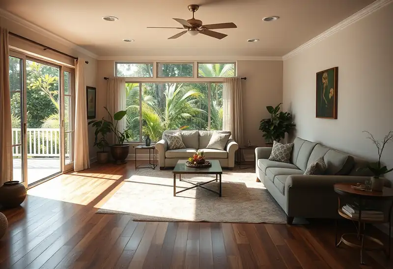 Illustration of living room with plank flooring and lush greenery outside.