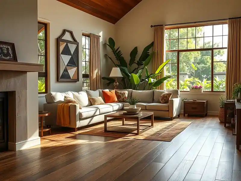 Illustration of modern living room with plank flooring and lush greenery.